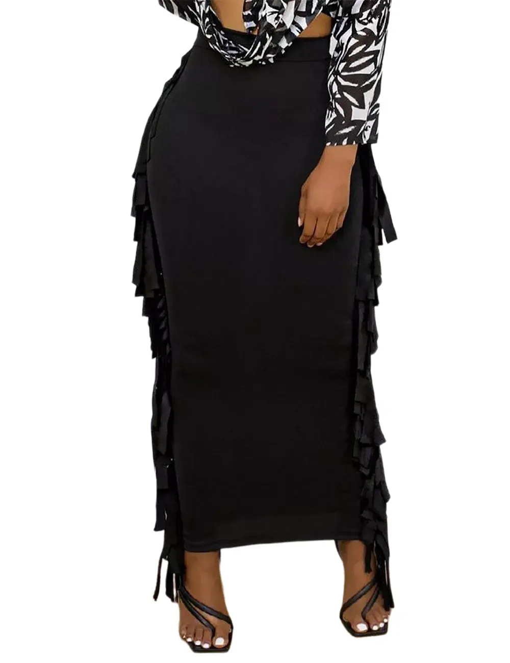 Women's High Waisted Black Fringe Maxi Skirt, Stretchy Bodycon Long Skirt with Flattering Side Tassels, Figure-Hugging Western Gothic Aesthetic Bottoms for Country Concerts, Music Festivals & Party Outfits, Comfortable Custom Fit Womenswear