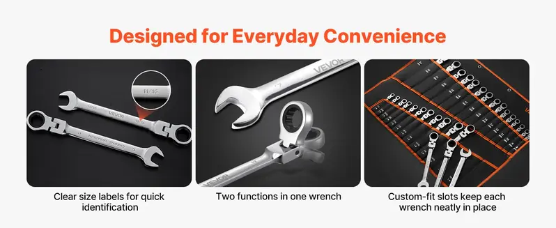 【Summerfinds】VEVOR 12pcs【8mm to 19mm】Flex-Head Ratcheting Wrench Set - SAE Cr-V Steel Multifunctional Adjustable Ratchet Wrench Set, Roll-Up Pouch, Mechanic Tools for Automotive Users, Built for Long-Lasting Daily Use Silver Hand Tools