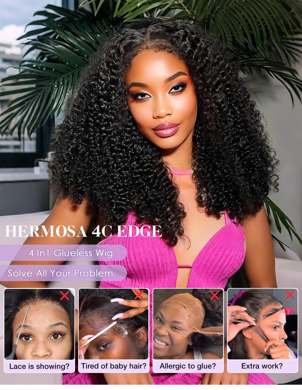 4c Edge Curly Wig Invisi Strap Snug Fit 360 Transparent Lace Frontal Bleached Knots Pre Cut Lace Wig With Drawstring 100% Human Hair Wig