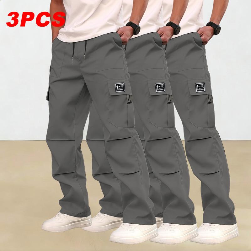 Men's multi-pocket work pants, 3-pack, suitable for all seasons and machine washable; mid-rise with drawstring closure; non-stretch polyester fabric; casual wear with pockets; versatile cargo pants