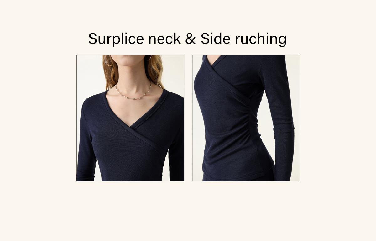 OGL Lyocell Wool Surplice Ruched Long Sleeve Top - Elegant V-Neck Design for Comfort and Style SpringStatements