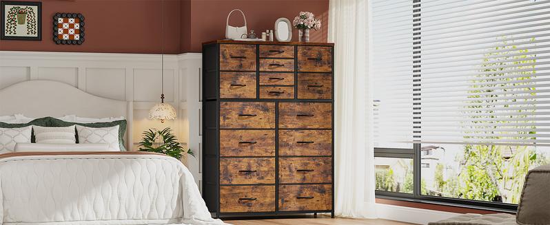 [New Year Gift]RaybeeFurniture 16 Drawers Dresser for Bedroom, 57" H Tall Dresser Organizer for Bedroom, Large Fabric Dressers & Chest of Drawers with Sturdy Metal Frame, Wood Top for Closet, Entryway, Hallway, Bedroom, Living Room