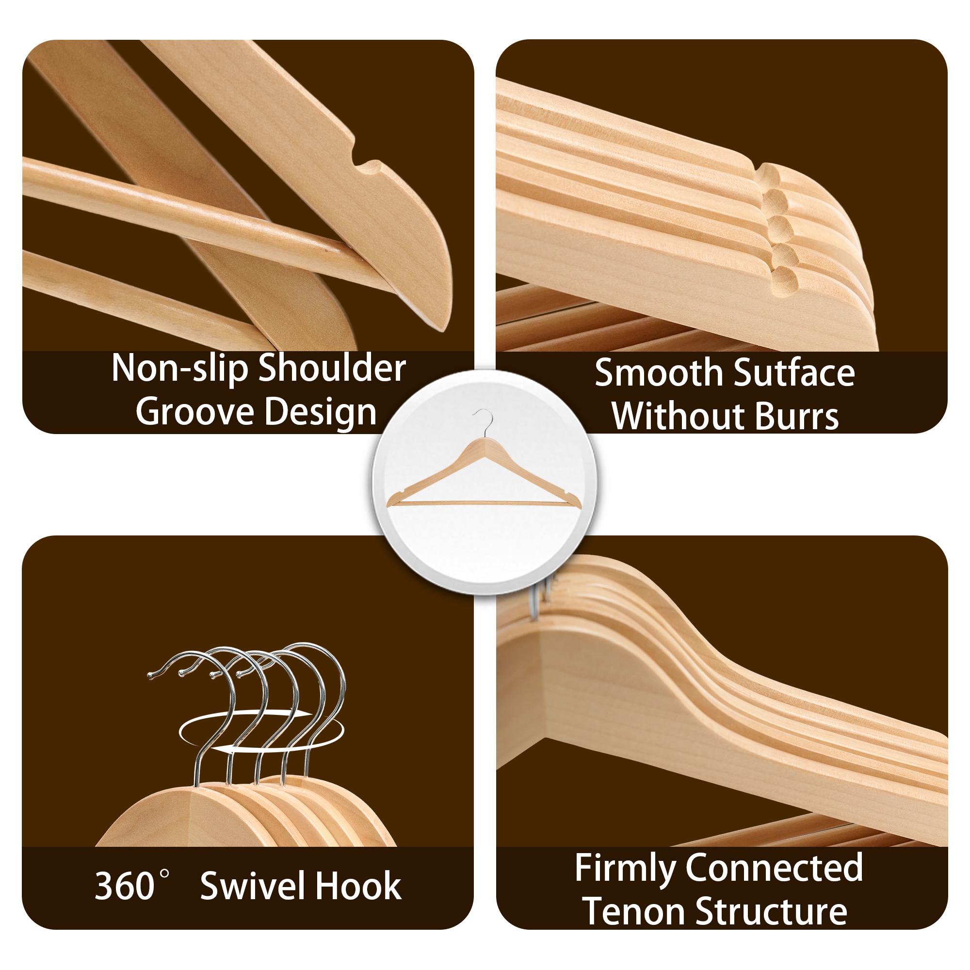 BePatio 17.32in" Soild Wooden Coat Hangers,10~30 Pack Clothes Hangers ,Natural Wood Suit Hangers with Non Slip Pant Bar & 360 Degree Rotatable Hook ,Clothes Hangers for Shirts, Jackets, Dress, Pant, Perfect for your closet.