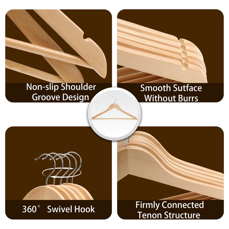 BePatio 17.32in" Soild Wooden Coat Hangers,10~30 Pack Clothes Hangers ,Natural Wood Suit Hangers with Non Slip Pant Bar & 360 Degree Rotatable Hook ,Clothes Hangers for Shirts, Jackets, Dress, Pant, Perfect for your closet.