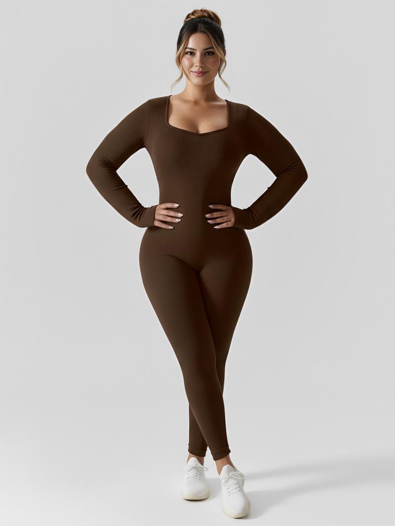 Women's High-Waisted Yoga Bodysuit Quick-Dry Long Sleeve Workout Top with Removable Pads High-Elasticity Slim Fit for Running Gym & Training Solid Black All-Season Fitness Apparel Tummy Control Jumpsuit Stylish Activewear