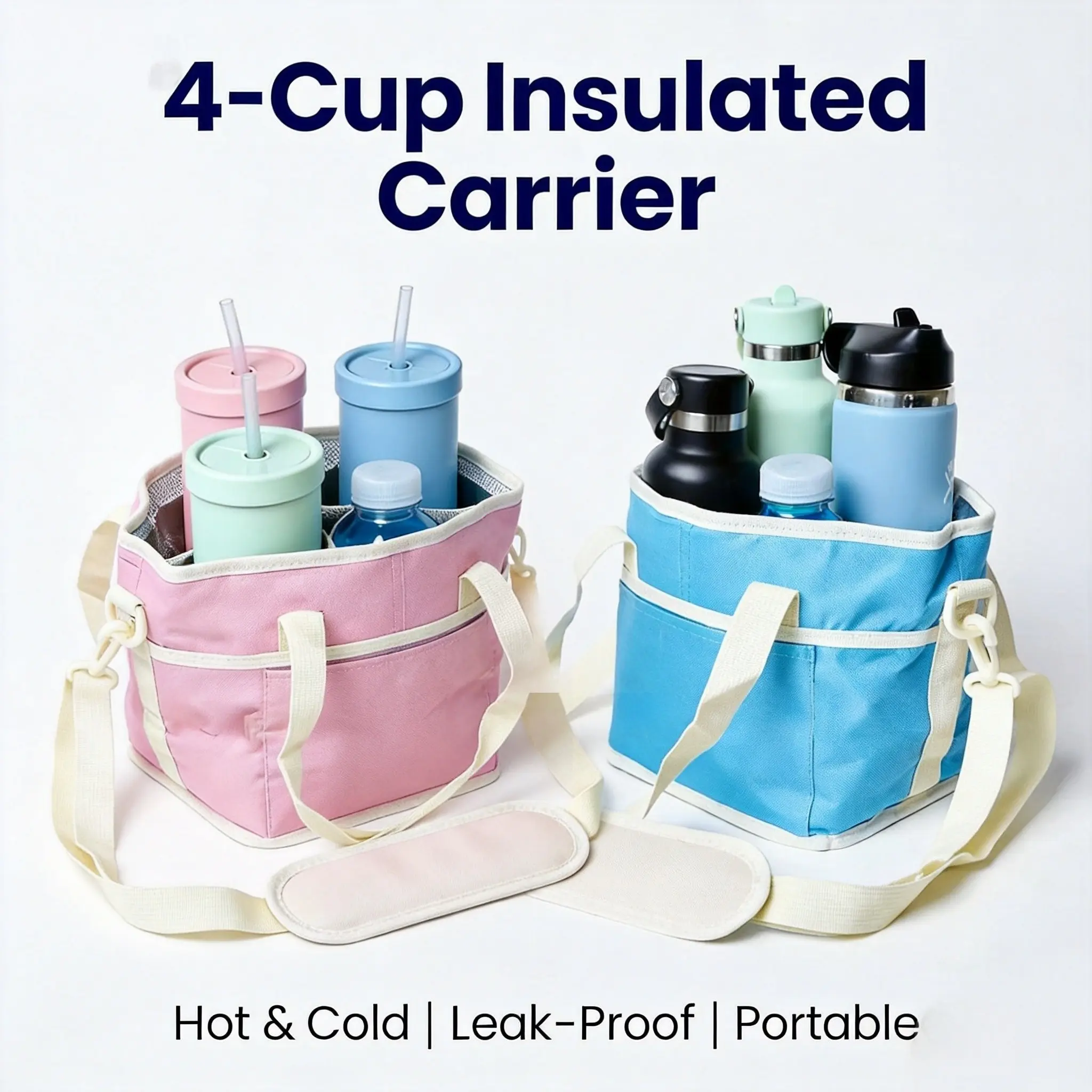 4-Compartment Water-Resistant Drink Bag with Adjustable Strap, Family-Size Crossbody Design, Structured Shape for 4 Drink Slots, Home Organizer for Camping, Beach, Everyday Errands