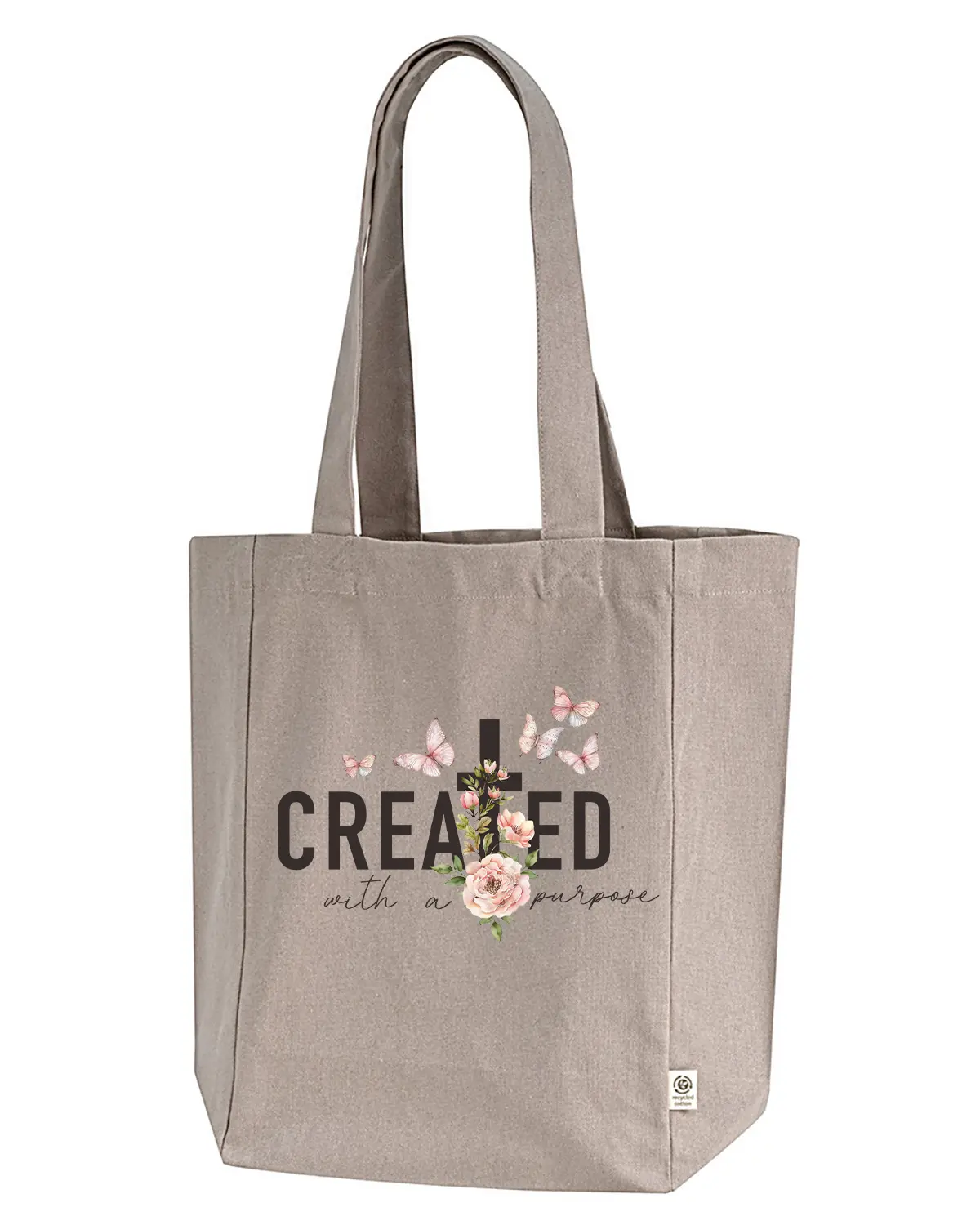 TRENZ SHIRT COMPANY Women's Bible Tote Bag, Christian Floral Butterfly Print with "Created With a Purpose" Message, Spacious Everyday Tote for Church & Study, Aesthetic Tote