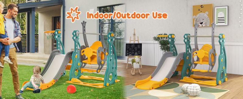 Qaba 3 in 1 Toddler Swing and Slide Set, Kids Slide with Climber, Ultra-Safety, Basketball Hood, Baby Playground Set, Fun Indoor/Outdoor Playset Exercise Toy for Ages 1.5-3