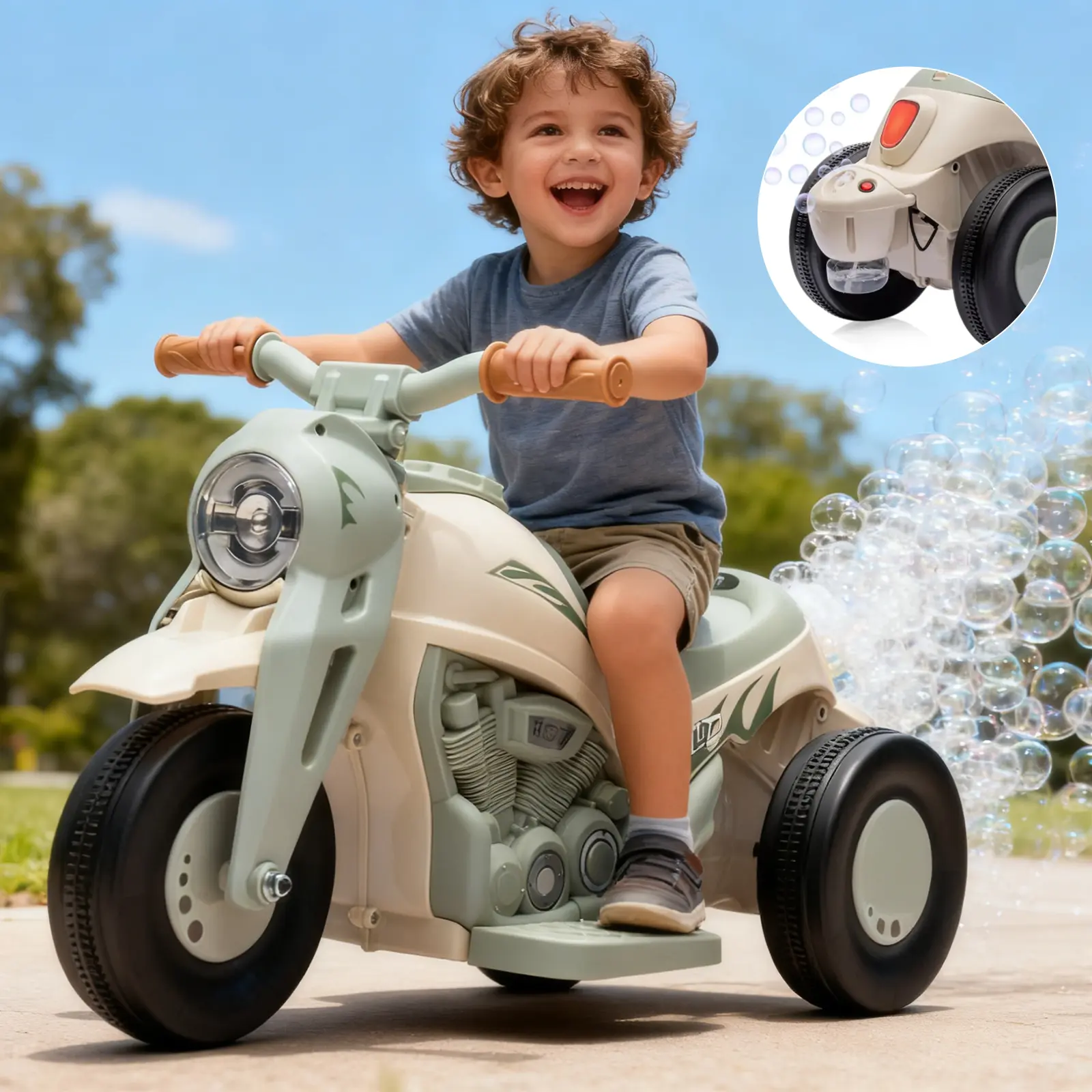 GARVEE Rechargeable 3-Wheel Electric Tricycle for Toddlers Ages 3+ - Kids Ride-On Toy with Ride on Wheels, Bubble Maker, LED Headlights, Music Player, Vehicle with Injecting Plastic Wheels，Pedal, Forward/Reverse, Multiple Colors, Kids Outdoor Equipment, B