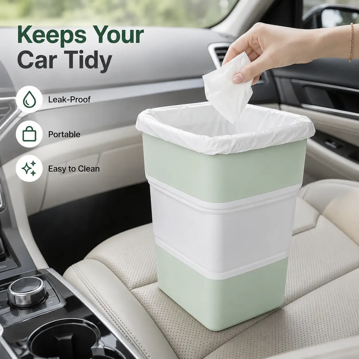 Foldable Car Trash Bin with Lid, Leak-Proof Collapsible Garbage Can, Compact Space-Saving Vehicle Wastebasket for Front or Back Seat, Easy-Clean Portable Storage Bin for Car, Camping, Office & Home