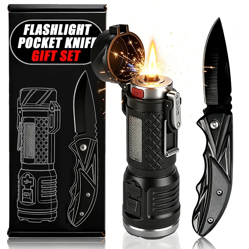 2pcs Survival Kit Essential | Rechargeable Tactical Flashlight with Fire Starter, Quality Pocket Foldable Designed with Clip | Portable Multi-Functional Survival Gear for Camping, Hiking, Emergency| Cool Gadgets for Men | USB Charging
