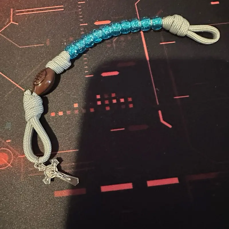 Paracord single decade pocket rosary blessed grey and blue with football