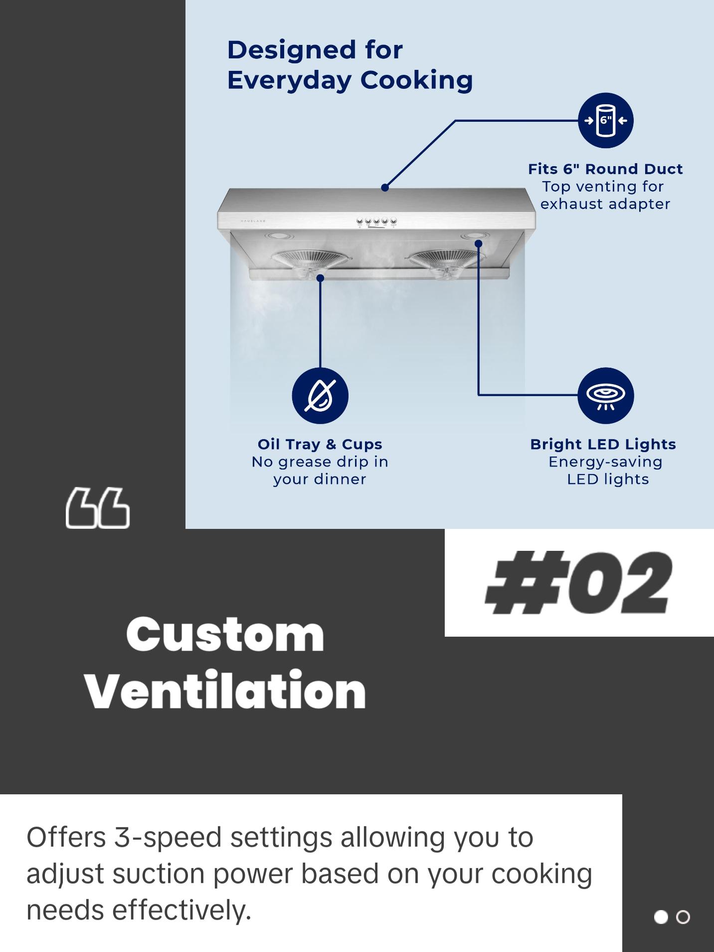 Hauslane | Chef Series Range Hood C100 30" Under Cabinet Kitchen Extractor | Stainless Steel Electric Stove Ventilator | 3 Speed Settings | Energy Efficient LED Lamps | Fits 6 Inch Round Ducts