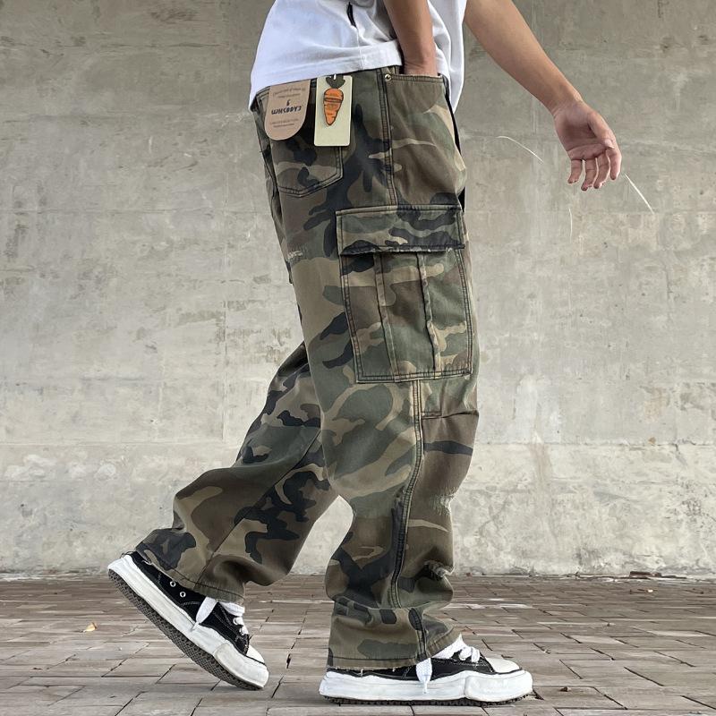 American Street Retro Loose Straight-Leg Camouflage Cargo Pants for Men Heavy Washed Handmade Patch Ripped Trendy Military Pants\