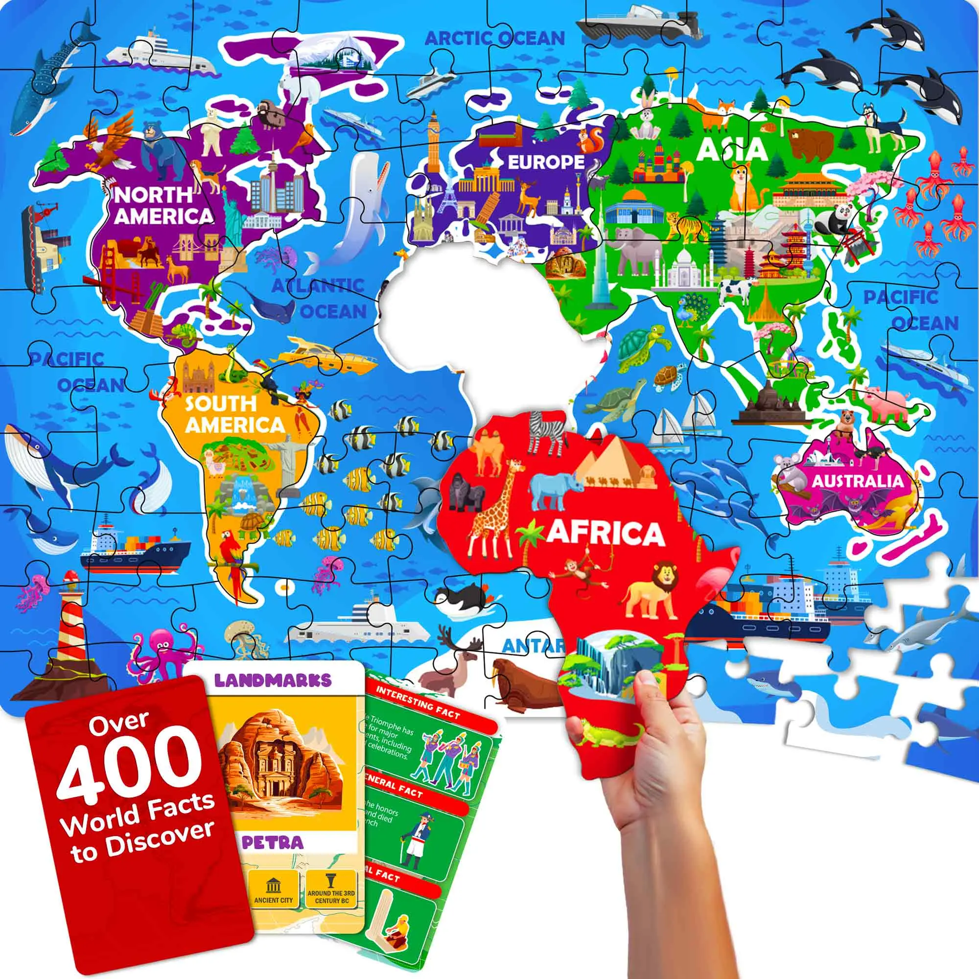 QUOKKA Montessori Puzzles Gift for Kids - 70-Piece Interlocking World Map Game, 50 Double-Sided Flashcards, Shape Recognition, STEM Toddler Learning Activities, Geography Toy for Puzzle Lovers