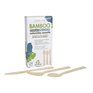 NatureZway Eco-Friendly Bamboo Utensils 24 Pack Premium Disposable Assorted Forks Knives & Spoons Compostable & Sustainable for Everyday Use