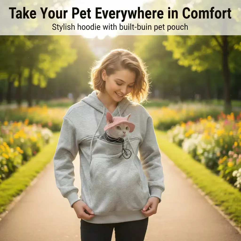 Unisex Loose-Fitting Casual All-Seasons Outdoor Kitchen Pullover Hoodie - Oversized Long-Sleeve Sweatshirt with Durable Giant Zippered Kangaroo Pocket for Cats & Small Dogs, Soft Stretchy Fabric for Hiking, Travel Longsleeves Womenswear