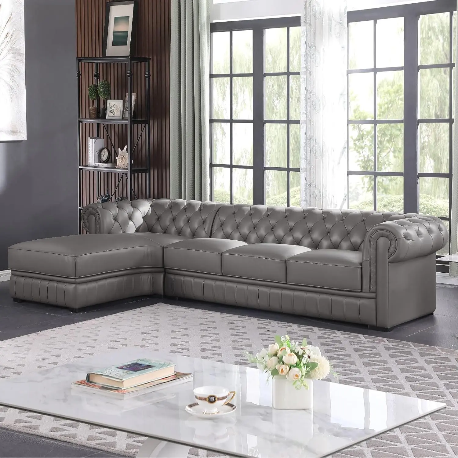 L Shape Genuine Leather Sectional Sofa, 5-Seater Chesterfield Couch with Button Tufted Design, Luxury Living Room Furniture Set for House/Office/Lounge,dorm essentials,home decor