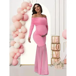Maternity Off-Shoulder Long Sleeve Dress with Mesh Patchwork and Side Slit - Stretchy Slim Fit Mermaid Long Dress Suitable for Baby Showers, Photoshoots, Weddings Elegant Solid Color Maternity Wear Can be used with raincoat