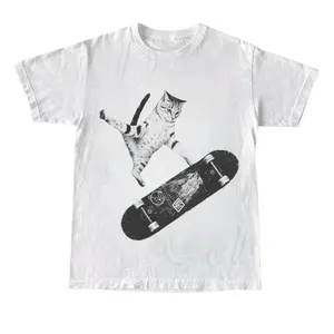 Vintage Emo Skater Cat Graphic T shirt Casual Crewneck Fantasy Kitten Cute Cat Loves Meme Cringe Funny Unisex Streetwear