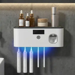 Sterilizing Wall Mount UV Toothbrush Holder with Light-Powered Charging & Press-To-Dispense Toothpaste