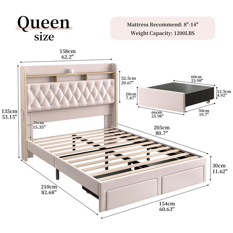 Queen LED Bed Frame with Storage Drawers, Full Size Upholstered Platform Beds with Galaxy Star Projector Charging Station Speaker, King Aurora Bedframe with 2-Tier Storage Headboard, Twin Bed, Noise-Free, PU Leather White Black, Velvet Gray Pink