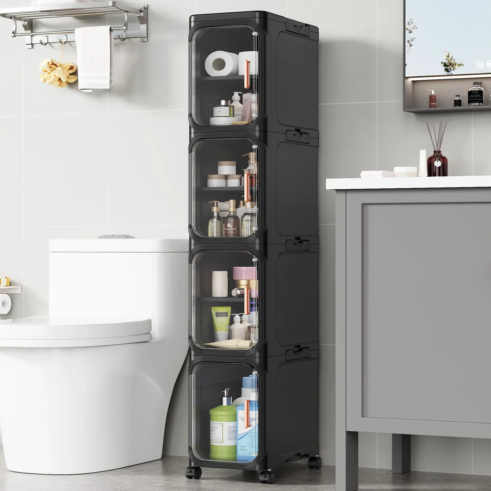 BROVIEW N9 3-Tier/4-Tier Slim Bathroom Storage Cabinet, Foldable Narrow Bathroom Cabinet Organizer for Small Spaces, Adjustable Fridge & Vanity Gap Storage, Easy Move, Bathroom Organization, Home Organization Storage