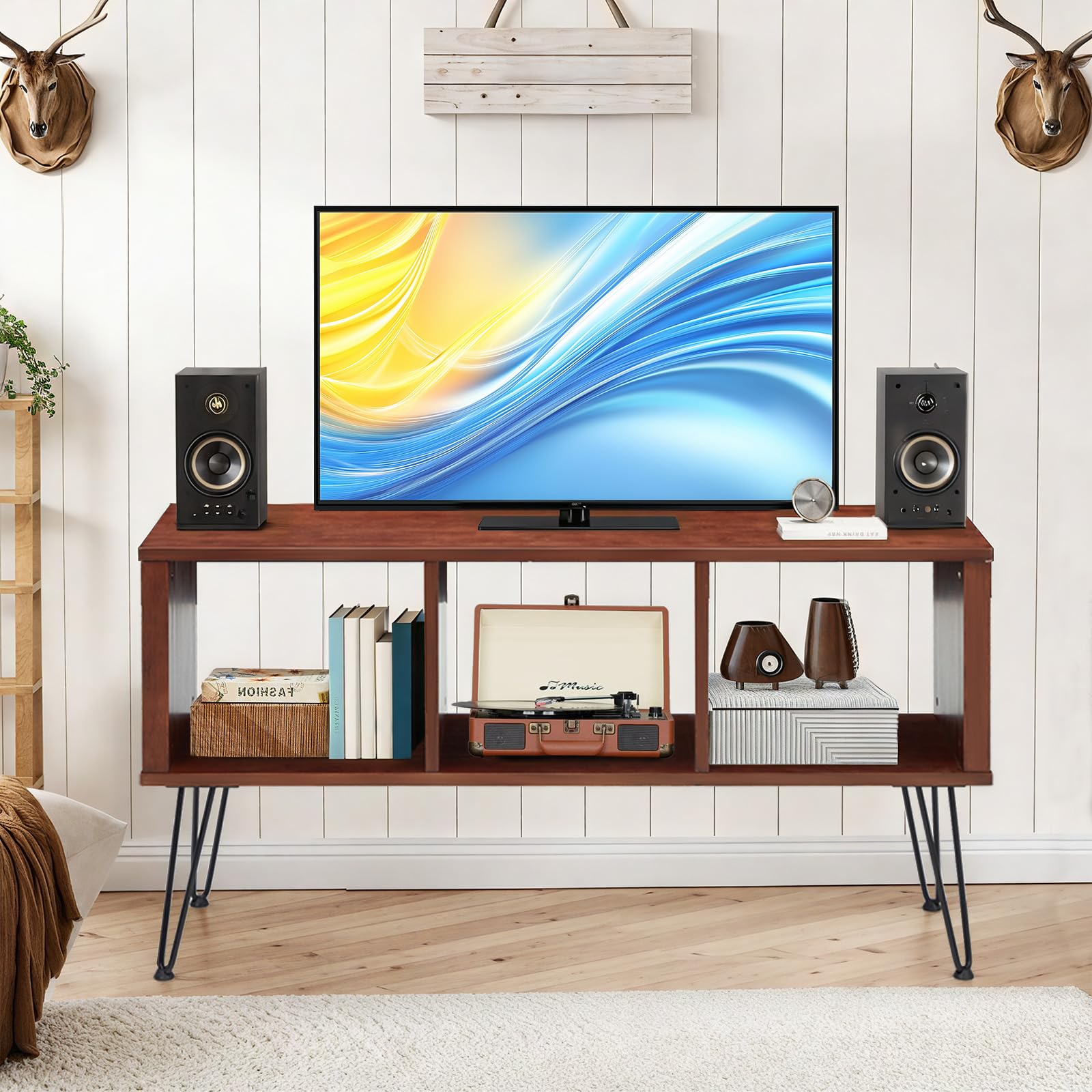 YODOLLA 50" Walnut Mid-Century Modern TV Stand, TV Up to 60 Inch, Detachable Legs, Vertical & Horizontal Storage, Record Holder Shelf for Living Room, Bedroom, Horizontal and Vertical