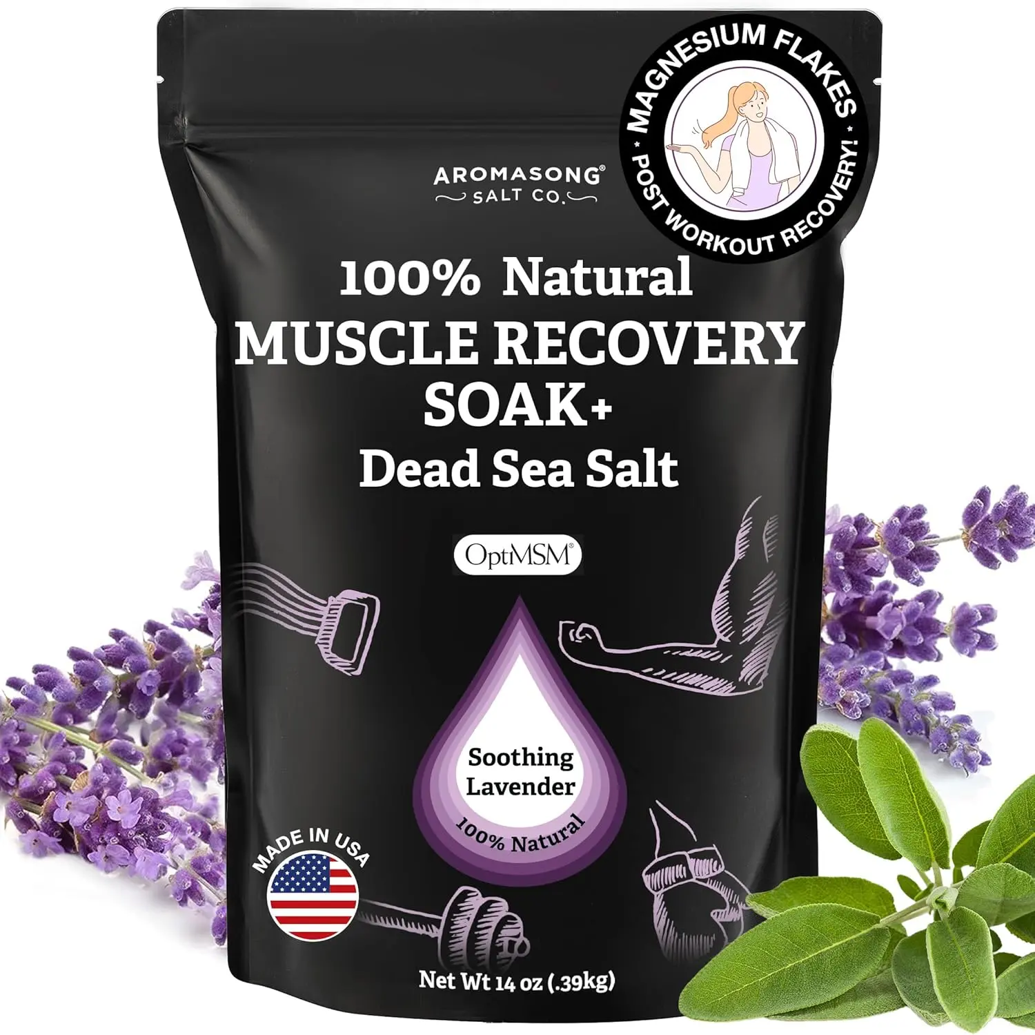 AROMASONG Muscle Recovery Bath Soak, Soothing Post-Workout Relief with Dead Sea Salt, Magnesium Flakes & Lavender Essential Oils, 14 oz (400g), Lavender Oil