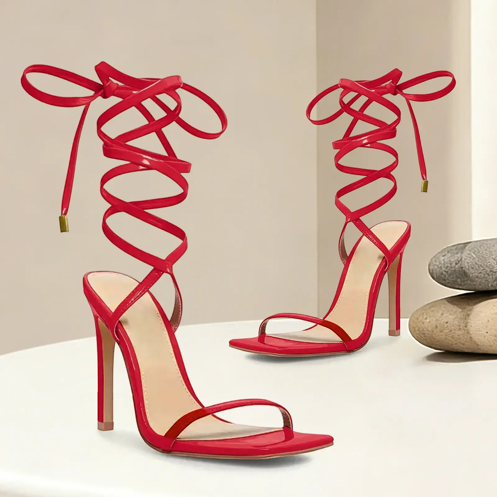 Lumubby Women's Strappy Lace-Up Stiletto Sandals - Heels for Women with Elegant Square Open Toe, Lightweight Sole, Ideal for Cocktail Parties, Strappy Lace-Up Sandals