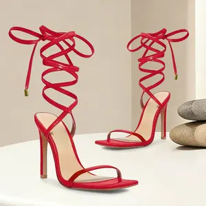 Women's Sexy Strappy Stiletto Sandals-Elevating High Heels- Lace-Up Flat Slide Sandals Square Toe Open Toe Slip-On Mules for Summer Party Cocktail Events