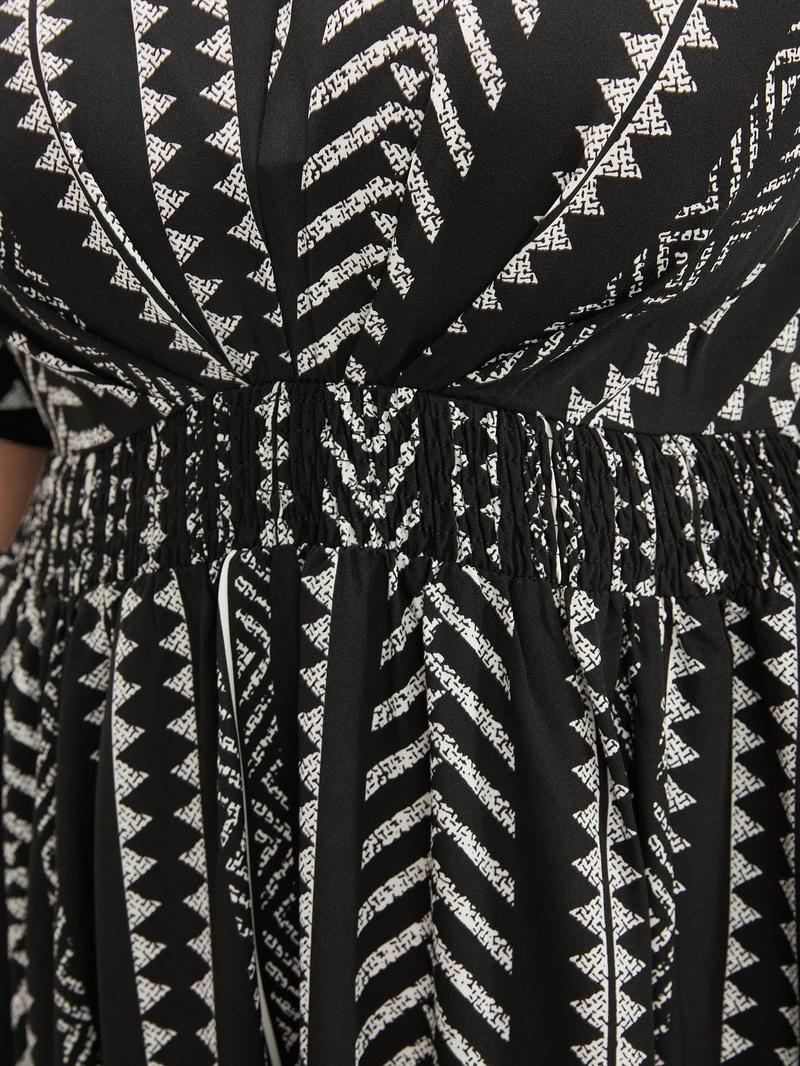 【Plus Size】BLOOMCHIC 2026 Valentine's Gift for Cruise Solid Geometric Dolman Sleeve Pocket Shirred Split Hem Beige Blue Black Half Sleeve Regular Fit Long Dress for Women Spring Summer Casual Vneck Elegant Birthday Dress - Shortsleeve Womenswear Fabric