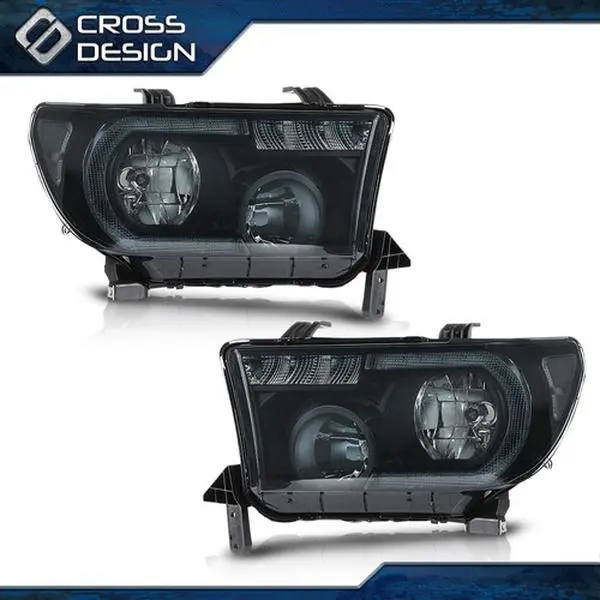 CROSSDESIGN LED Headlight Kit - Factory Direct Pair Set, Smoke Lens, Black Housing, Durable Car Accessories for 07-13 Toyota Tundra & 08-17 Toyota Sequoia Truck Front Replacement Lights, Left-Right Set