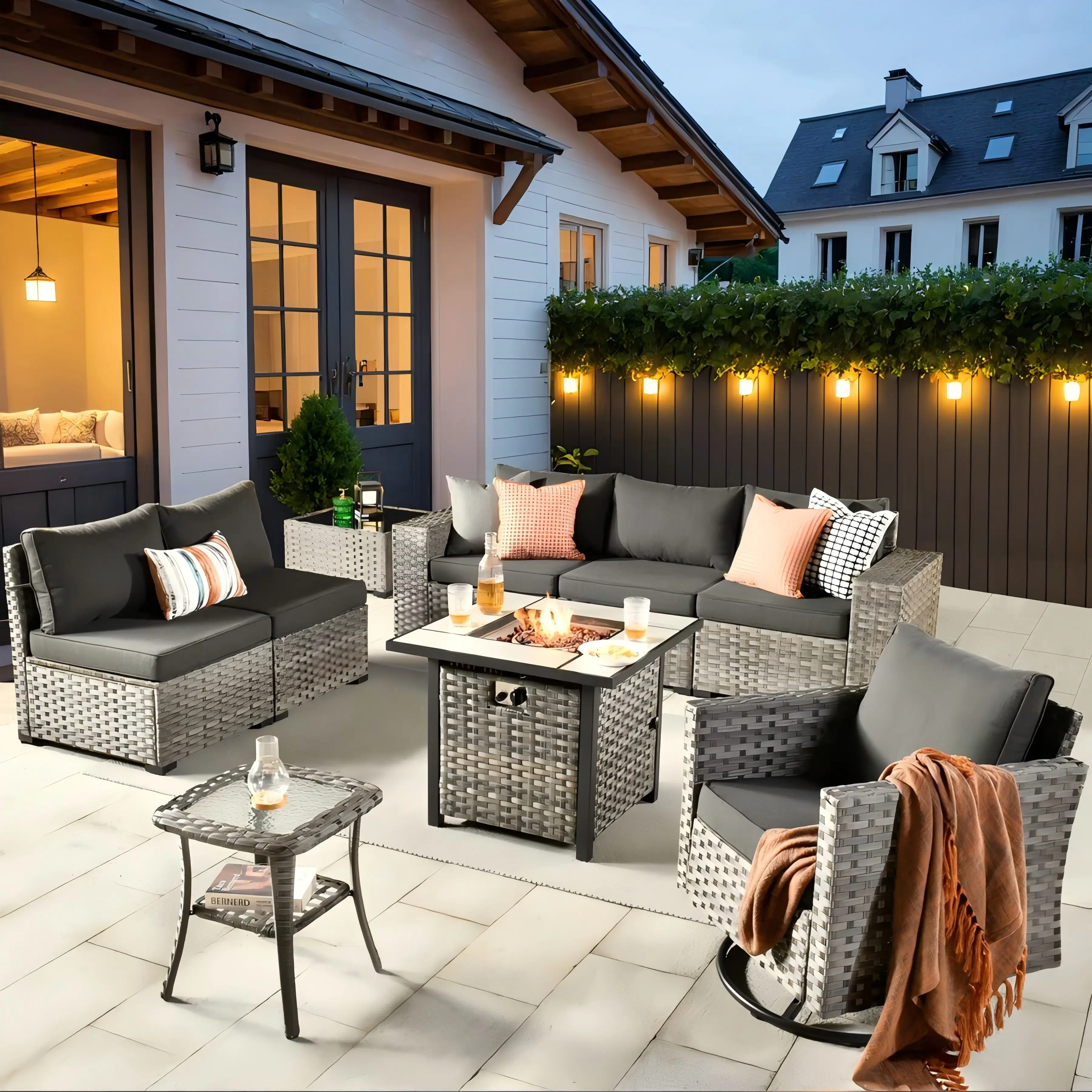【Summerfinds】OVIOS 9-Piece Outdoor Patio Furniture Set with 30" Fire Pit Table, Wicker Sofa & Swivel Rocking Chair, Conversation Set with Cushions for Backyard Patio Porch Deck Garden Balcony Outdoor Seating