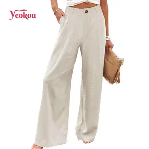 Yeokou Womens Cotton Linen Pants Casual Button Up High Waisted Wide Leg Trousers
