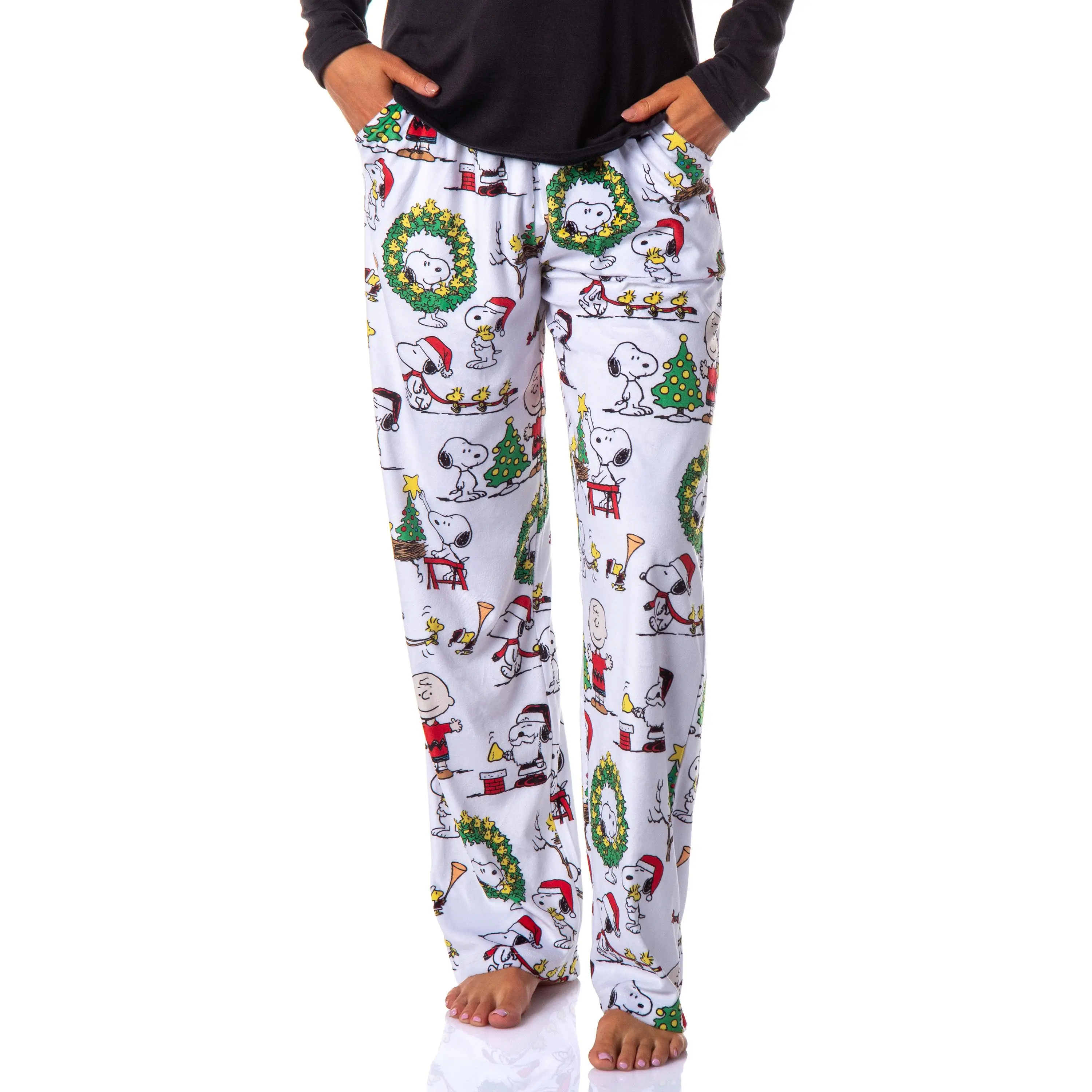 PEANUTS Women's Christmas Charlie Brown Snoopy Santa Polyester Drawstring Sleep Pajama Bottoms, Apparel Nightwear