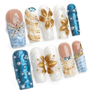 PG16 Blue Blossom Handmade Long Square 10 PCS 3D Gel Press-On Nails | Reusable, Long-Lasting, Salon-Perfect Finish，3D Gel fake nails acrylic press nails