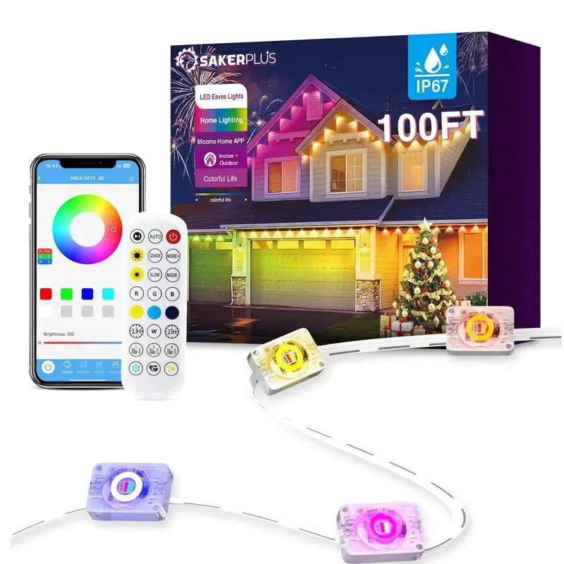 SakerPlus 150ft Permanent Outdoor Lights, Smart RGB Waterproof Eave Lights with App and Remote Control, Music Sync & DIY Scenes, Year-Round Holiday Track Lighting for Christmas, Party, Garden Decor