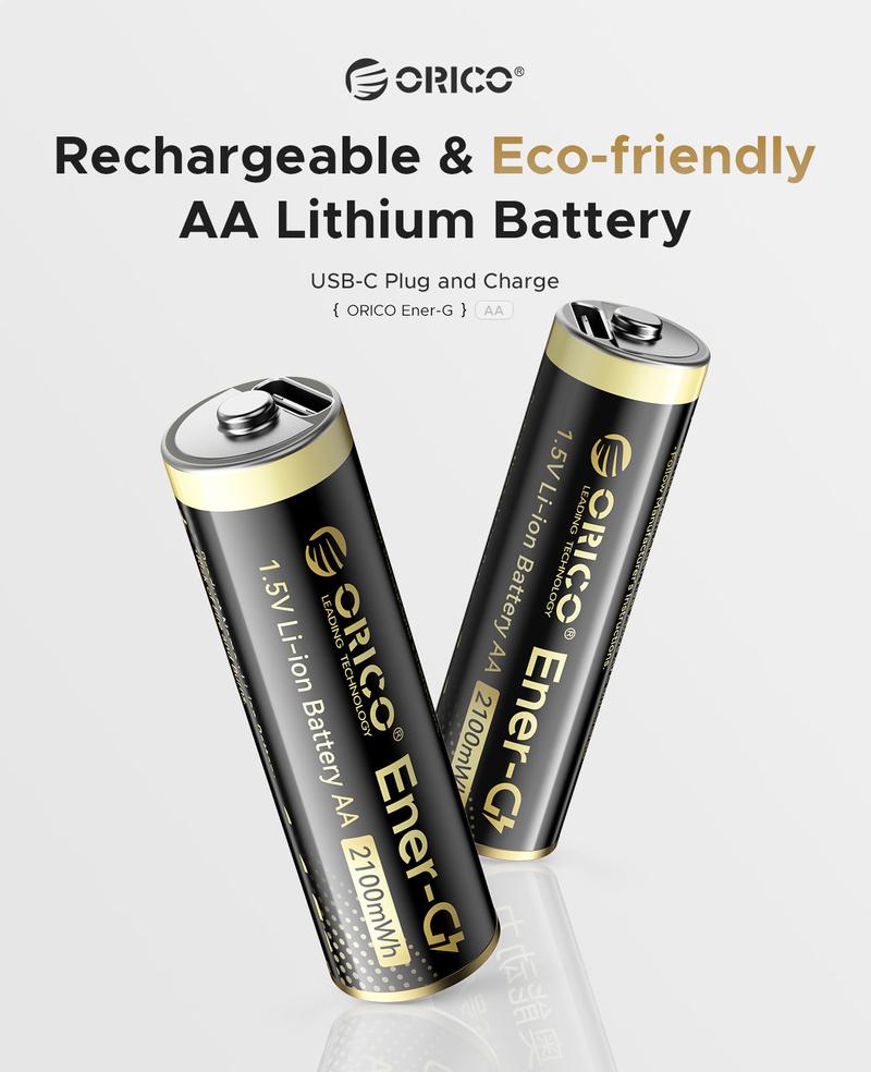 ORICO Ener-G Lithium ion Battery Rechargeable AA Lithium Battery 1.5V 2100mWh USB-C Charging 2H Fast Charging Over 1500 Cycles for Camera Controller Clock Flashlight Toys EG5C