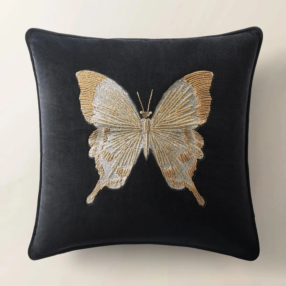 Z Gallerie Bella Butterfly Velvet 20x20in Square Soft Cushion - Removable Feather-Down Fill, Cozy Down Insert, Smooth Black Backdrop, Hand-Applied Butterfly Detail, Hidden Zipper, Piped Edge, Bedroom Decor Bedding Accessory