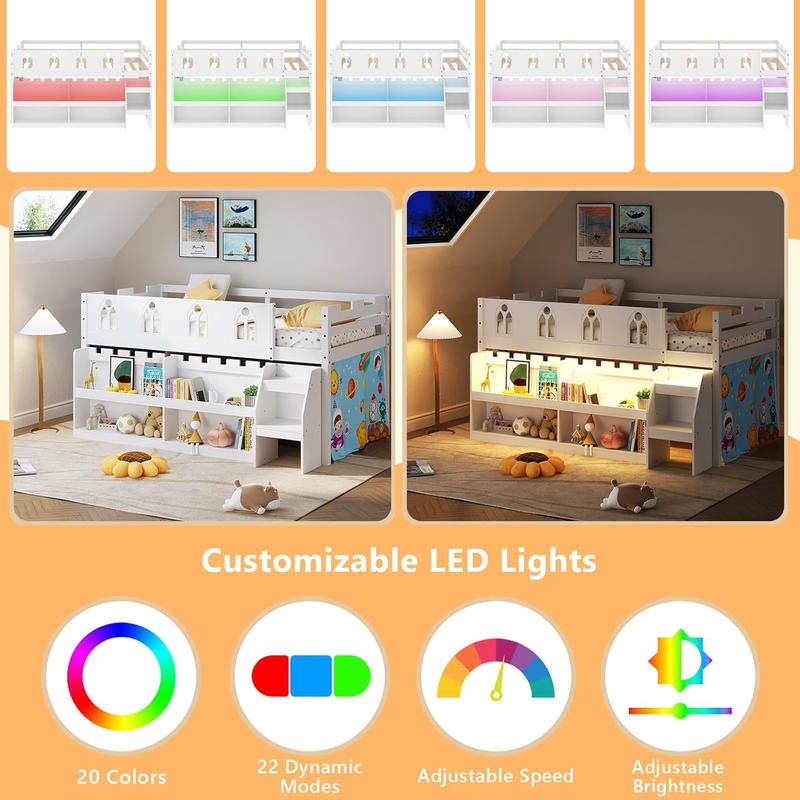 JOYMOR Low Loft Bed Twin Size with LED Lights, 4 Storage Shelves, Removable Curtain, Kids Wood Loft Bed with 15" H Safety Guardrail, Spave Saving, Mattress Not Included