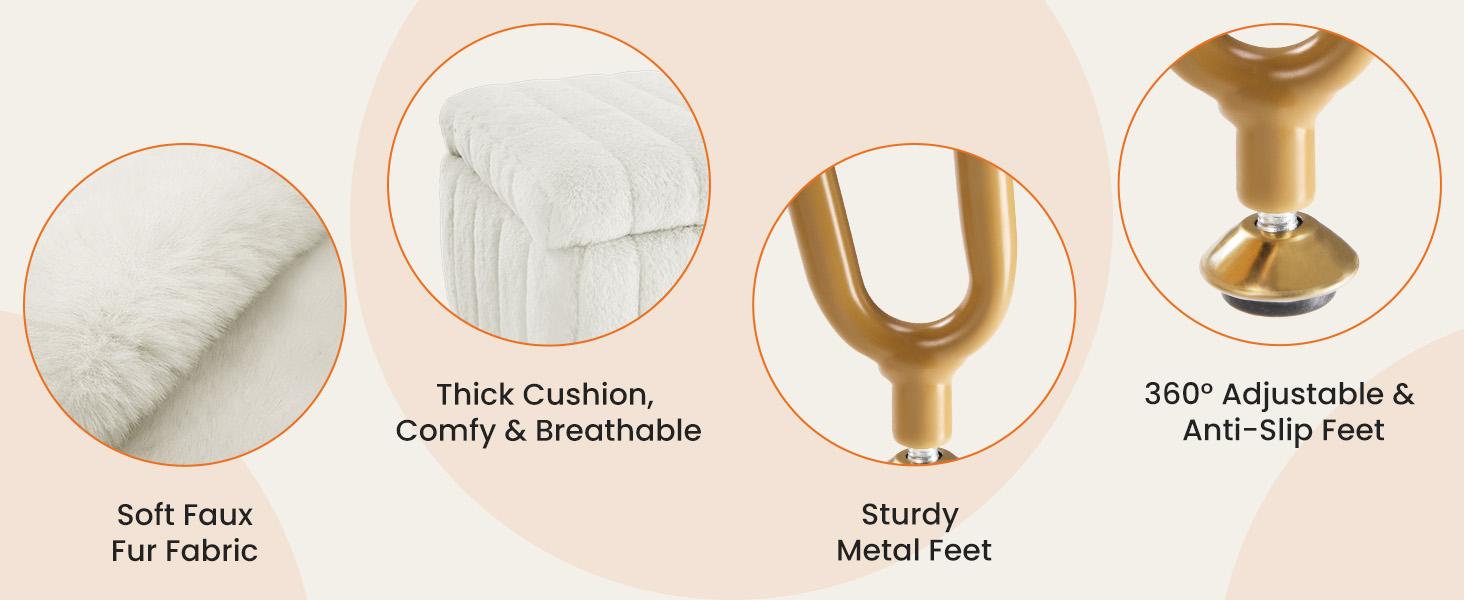 Sweet Furniture F Faux Fur Vanity Stool with Storage, Soft Padded Makeup Footstool Ottoman Seat with Metal Legs, Footrest for Bedroom and Entryway, Adjustable Feet Included