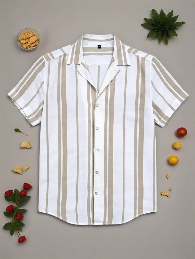Men’s Lightweight Short-Sleeve Summer Shirt with Turn-Down Collar, Trendy Casual Striped Vacation Beach Fashion Shirt