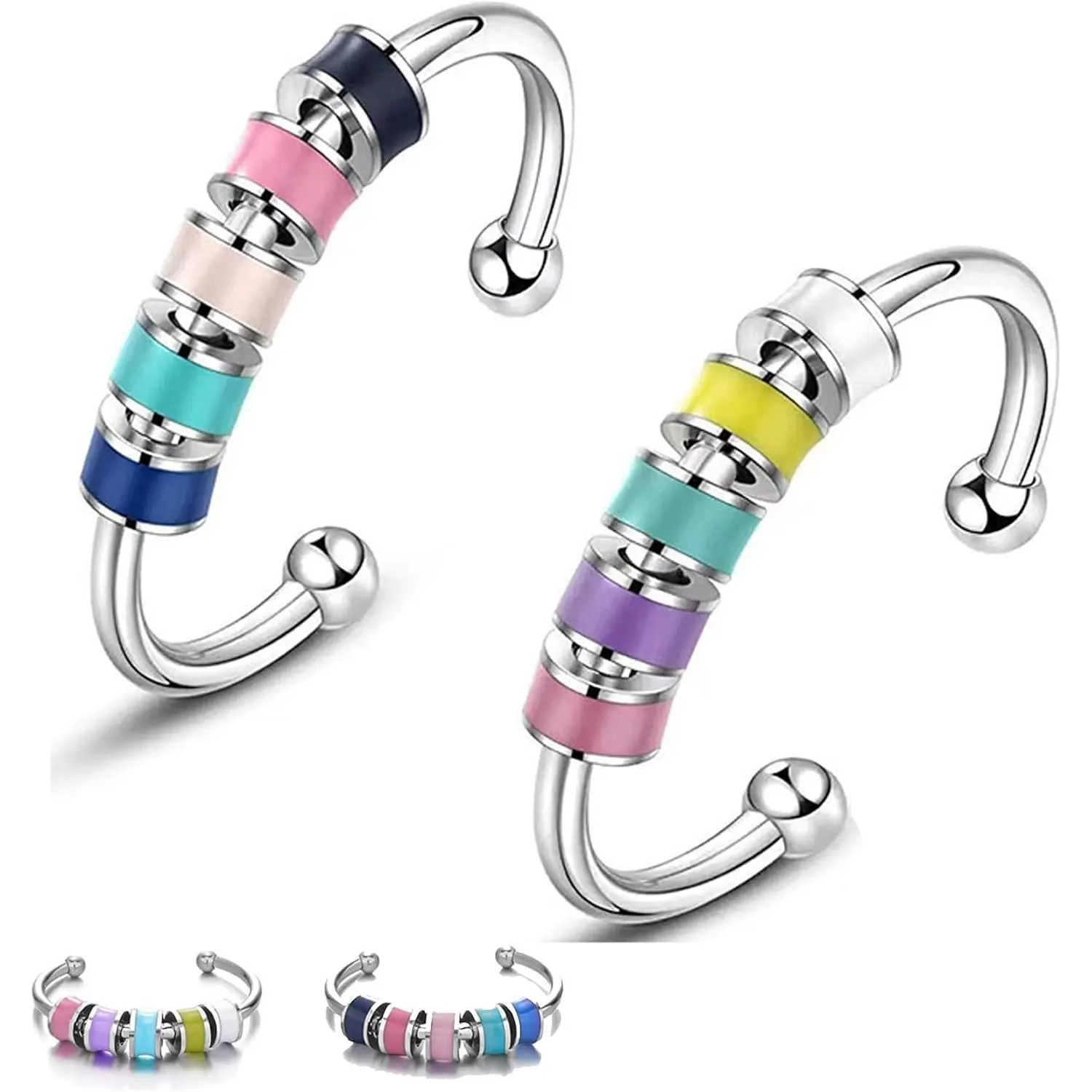 Unisex 2-Piece Alloy Fidget Ring Set - Adjustable Rotatable Bead Rings with Colorful Enamel Contrasting Colors, Graduation Gift, Party Accessory for Female & Male to Eliminate Negative Energy