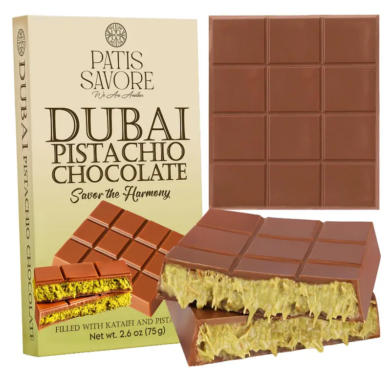 Dubai Chocolate Bar Pistachio – 2.6 oz Premium Dessert with Pistachio Cream & Kataifi Filling | Gourmet Dubai Chocolate Filling | Elegant Gift Chocolate