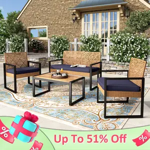 Phivilla Home 4-Piece Outdoor Wicker Patio Furniture Set, Cushioned Rattan Loveseat & Chairs, with Acacia Wood Coffee Table, Elegant All-Weather Seating for Garden, Backyard & Poolside, SpringGlowUp