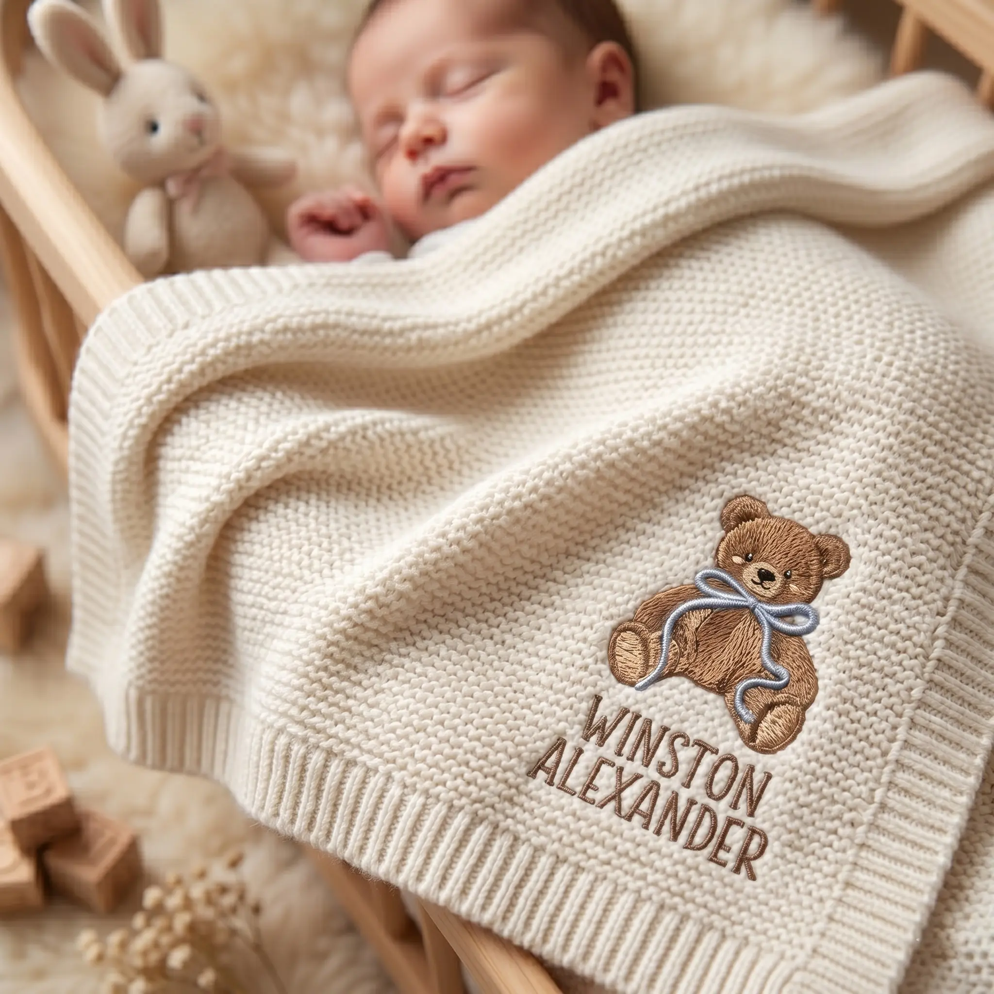 [Made-to-Order]   Personalized Embroidered Teddy Bear Baby Blanket with Name, Custom Knit Newborn Gift, Gift For Baby, Nursery Keepsake, Newborn Gift