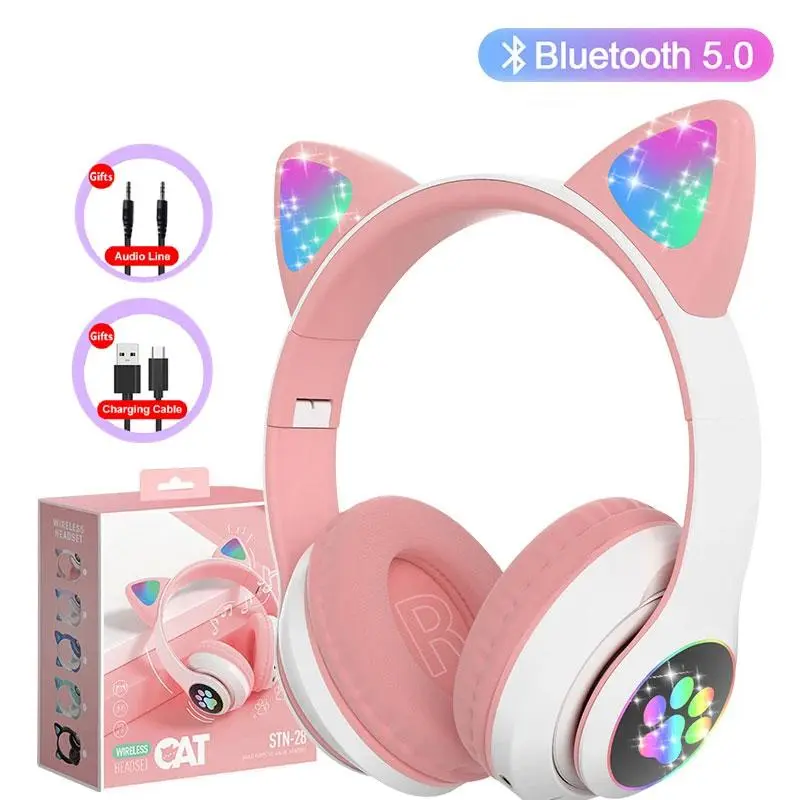 Iclever Dream Wireless Headphones for Kids Girls - Cute Cat Ears, Flash Lamp, Bluetooth5.0 Stereo, Hybrid ANC, Spatial Sound, Mic, TF Card Support, Soft Earpads, Audio, Cable, MP3, Adjustable, Foldable, White Music Streaming Birthday Gift