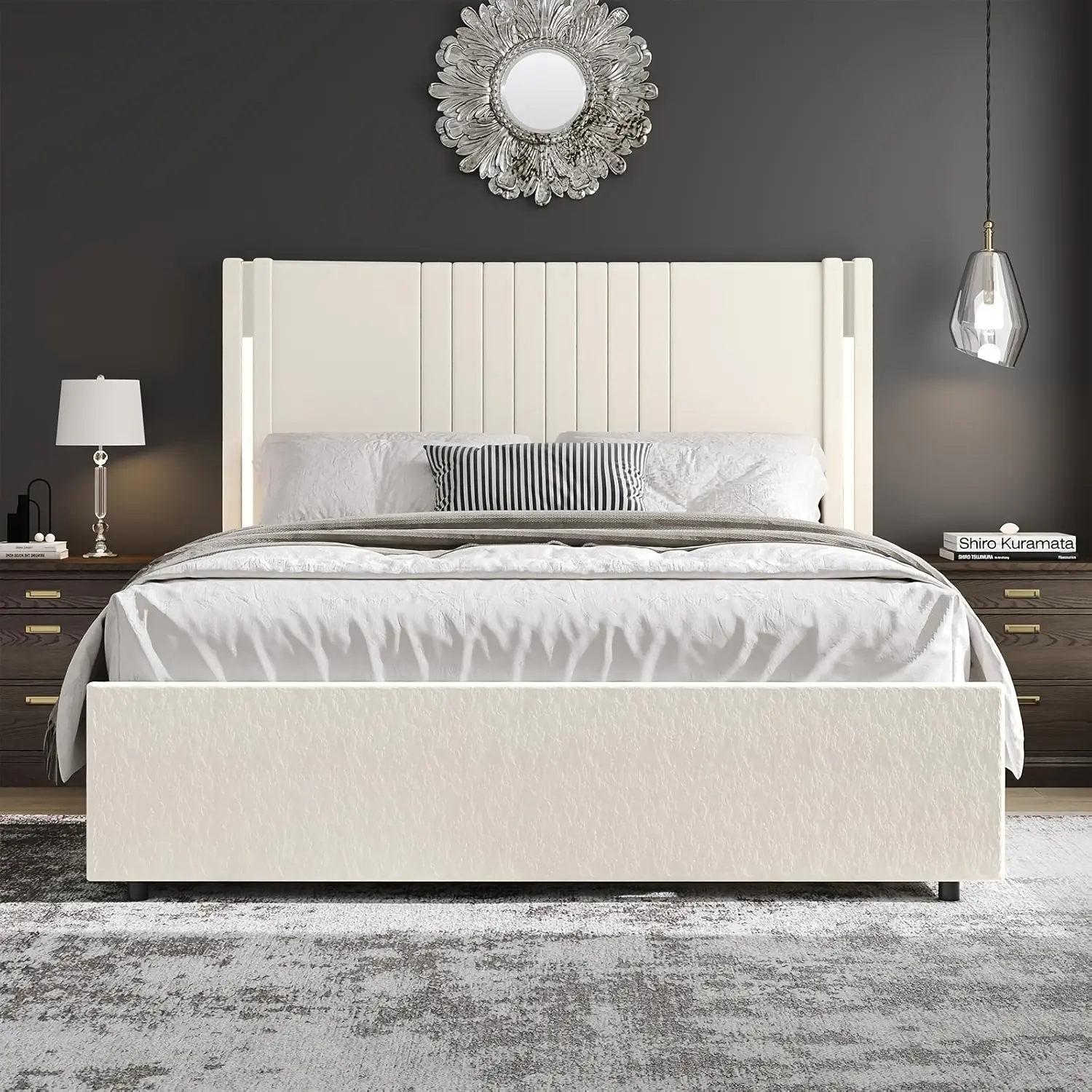 [SummerWins] HOMBCK HOMBCK Full Queen King Bed Size Frame, Velvet Upholstered Platform Bed with Channel Tufted Headboard, Chrome Finished Wing Edge, Wooden Slats, No Box Spring Needed, Easy Assembly, White,dorm essentials,home decor#home essentials