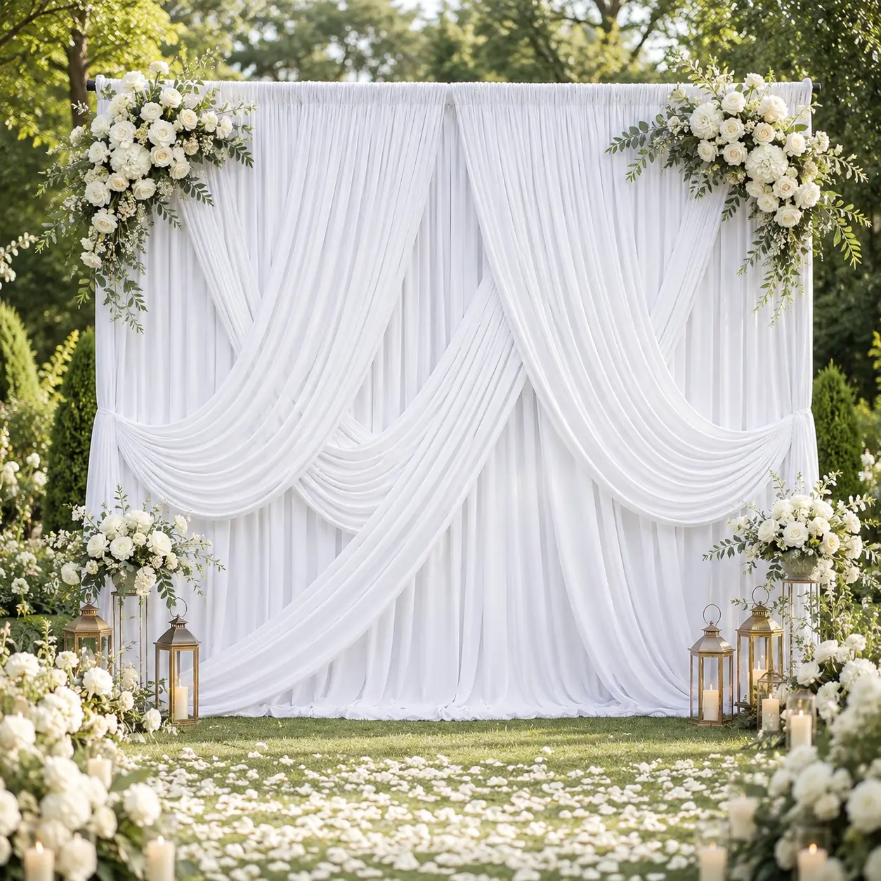 6-Pack Synthetic Solid Wrinkle-Free Smooth Finish Polyester White Wall Hanging Backdrop Curtain Set, 5x7ft/5x10ft Fabric Panels for Photo Booth, Wedding Anniversary Decor, Home Supplies